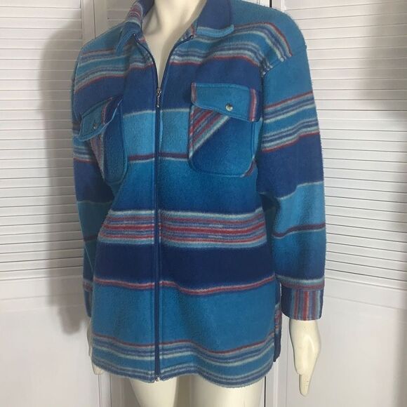 Vintage 80’s 90’s Oversized Blue Striped Zip Up Fleece Jacket Medium - Picture 2 of 14